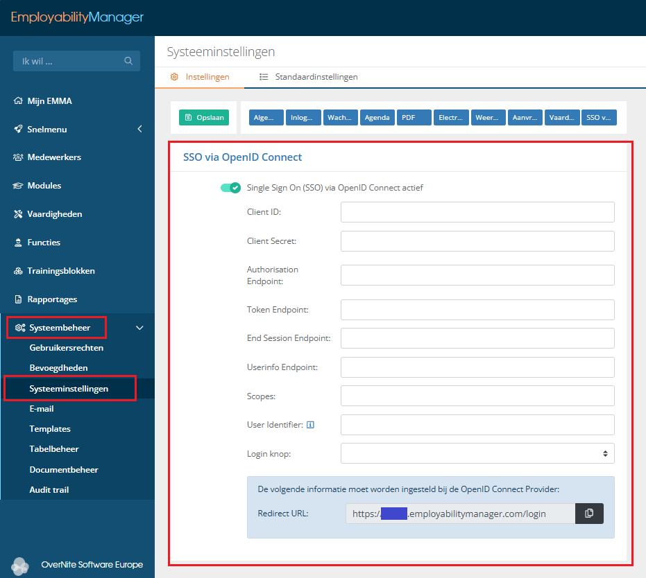 menu Systeembeheer → Systeeminstellingen → sectie: SSO via OpenID Connect