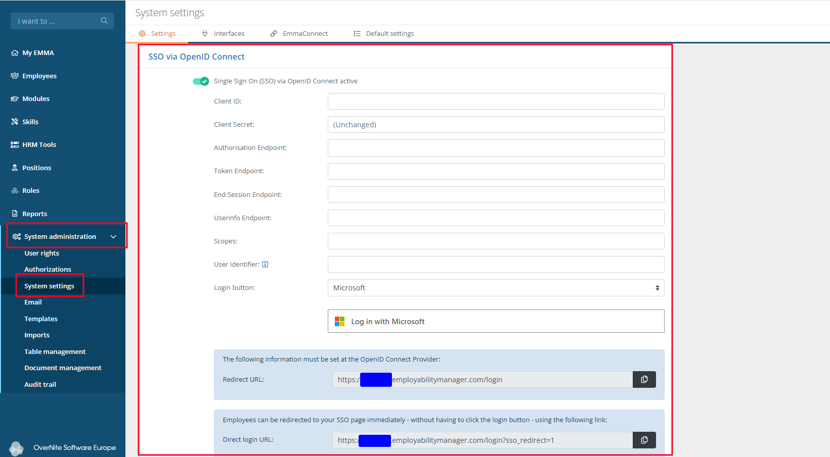 menu System management → System settings → section: SSO via OpenID Connect